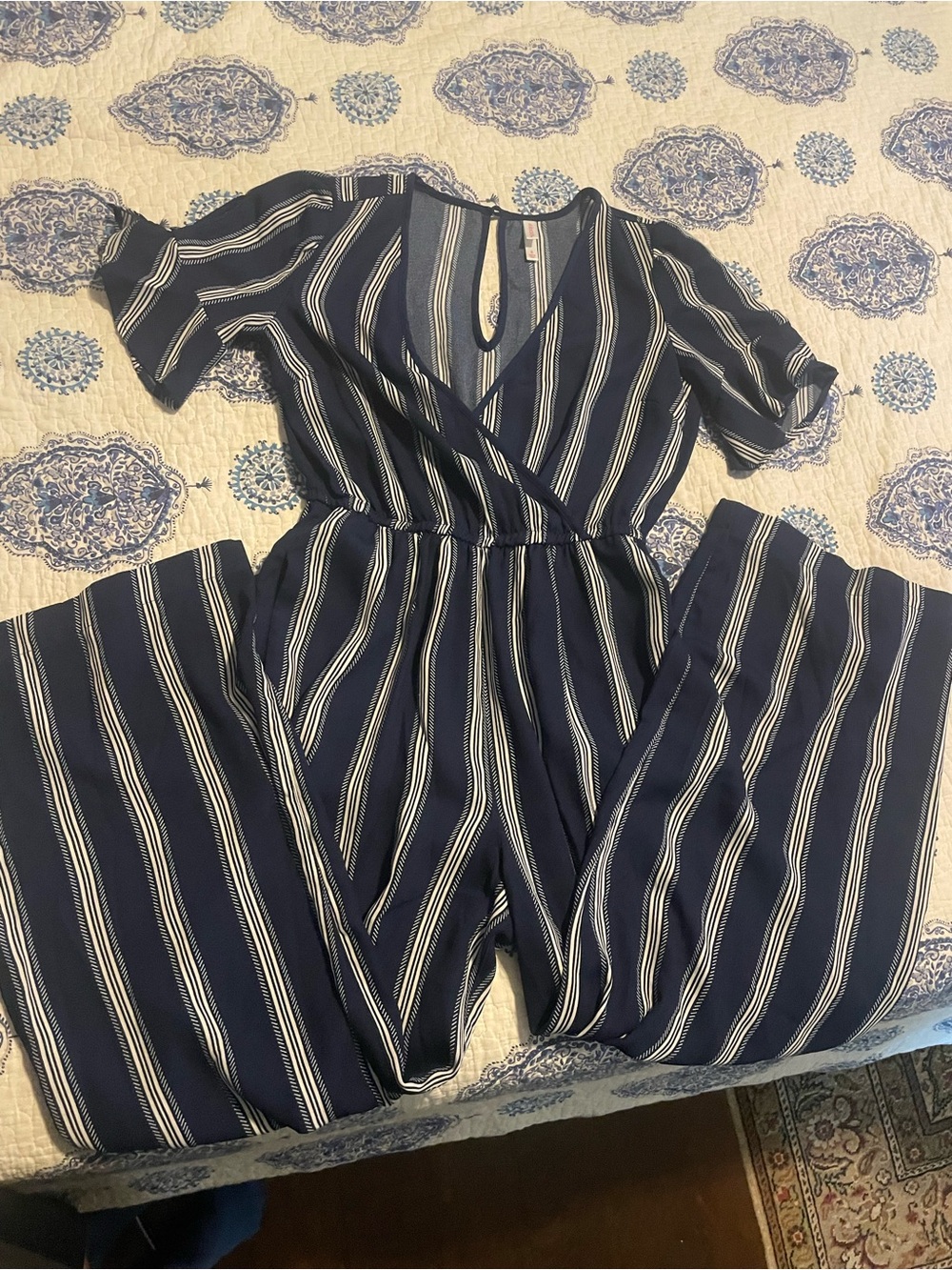 Striped Navy Wrap Jumpsuit with Elastic Waist
